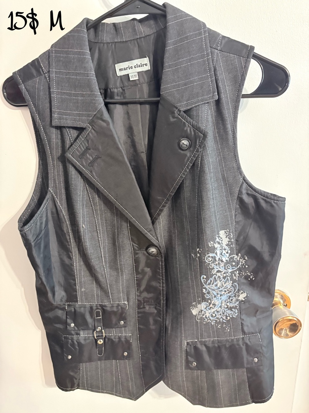 Marie Claire Pinstripe Vest with Blue Floral Embroidery